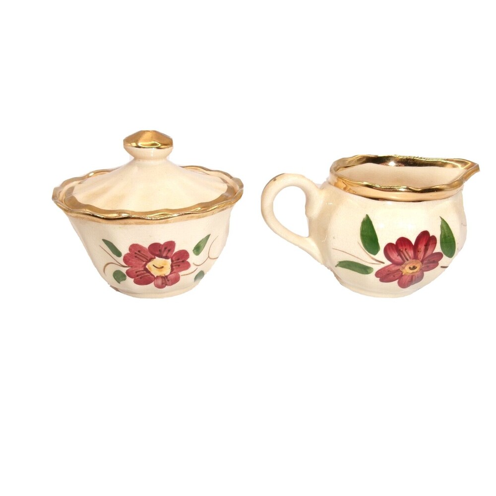 Wade Creamer & Sugar Jar with Lid Hand Painted Flowers Red Beige Green England
